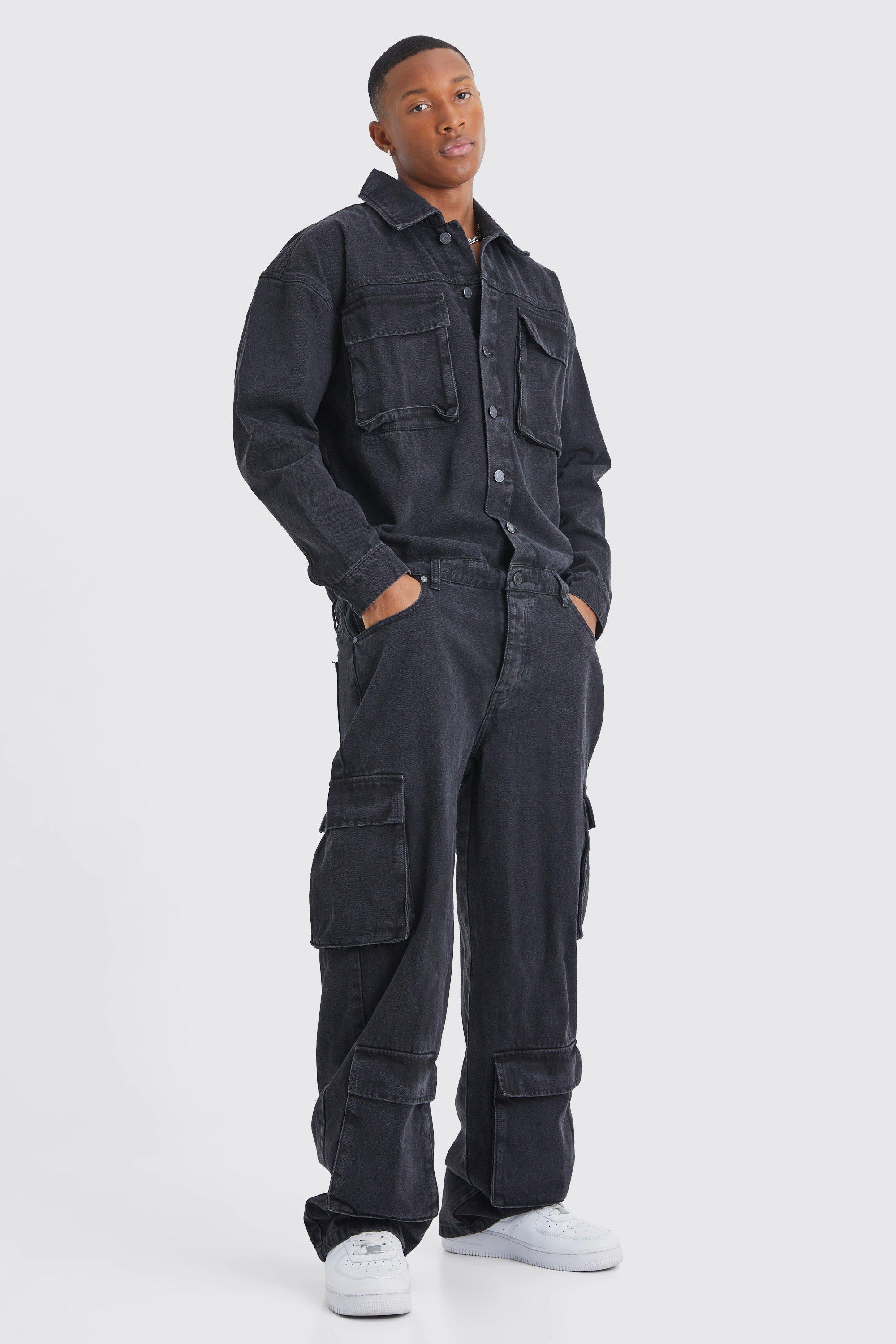 Mens Black Oversized Denim Boilersuit, Black